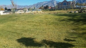 A grassy field with a mountain range in the background. - Great Sandy apartment with hot tub and pool table! (Sandy)