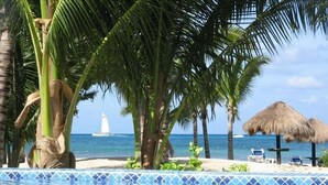 A poolside view with a clear view of the ocean and a sailboat in the distance. - Three Steps Onto the Most Beautiful Beach in Cozumel (cozumel)