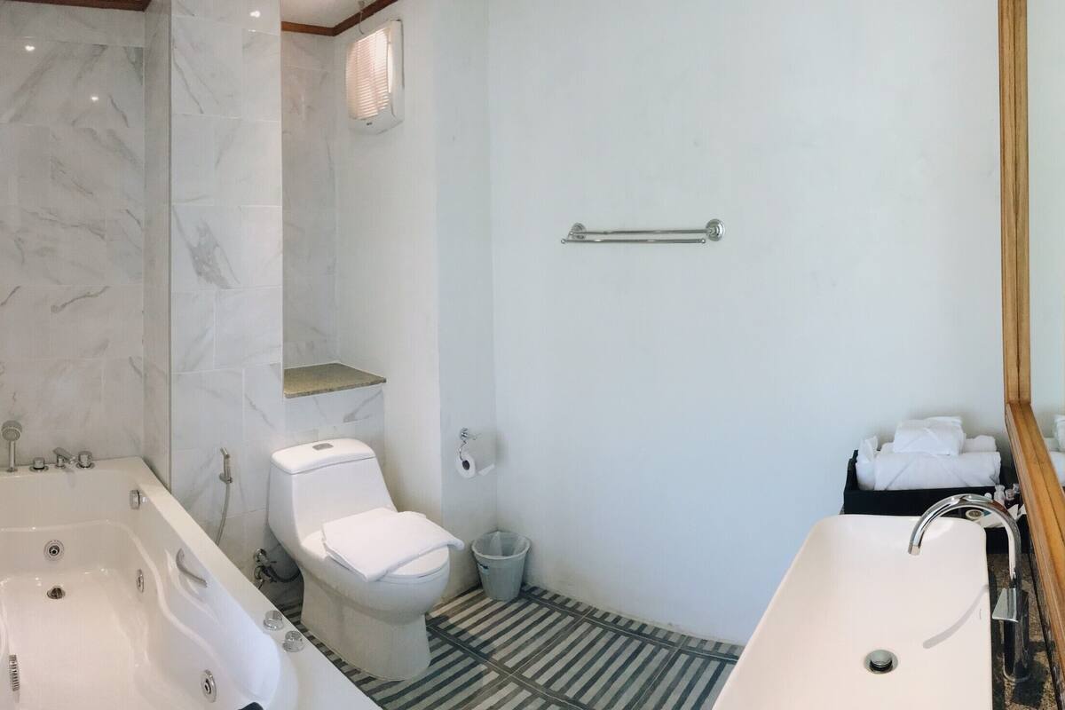 Separate bathtub and shower, jetted bath, rainfall showerhead