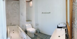 Separate bathtub and shower, jetted bath, rainfall showerhead