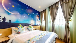 A bedroom with a bed, pillows, a night sky mural, curtains, and a window. - Chamie B&B (Hengchun)