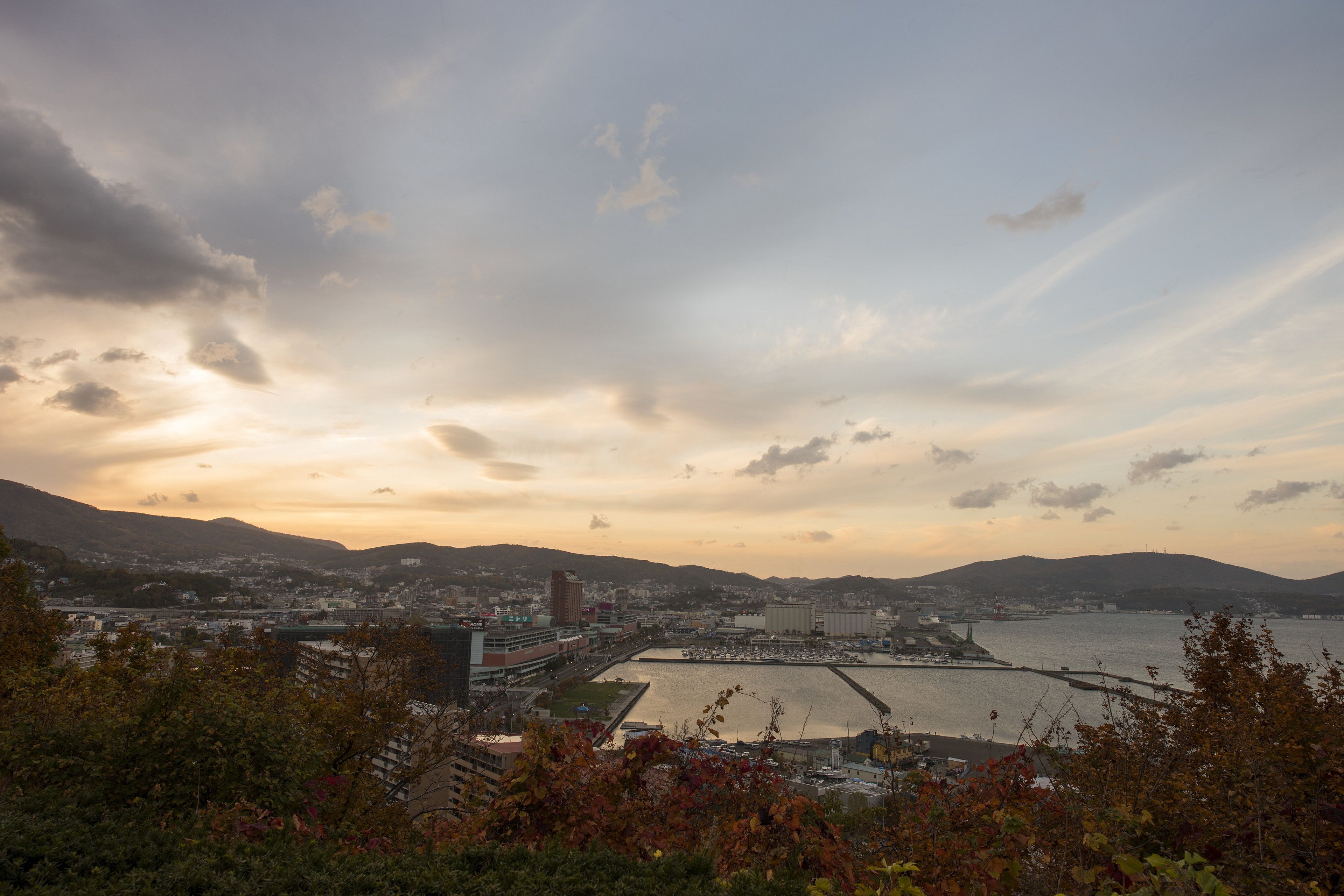 Un paisaje urbano costero con un puente, un frente marítimo y colinas al fondo.