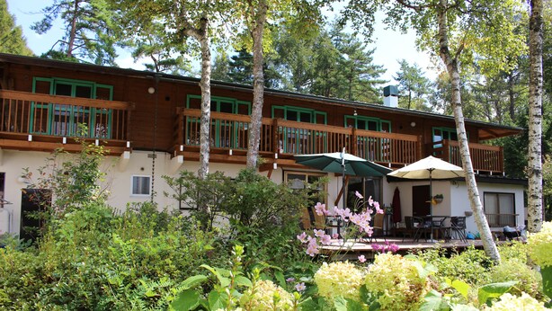 A wooden cabin with a balcony, surrounded by lush greenery and flowering plants. - Hirotani Pension & Lodge (Hara)