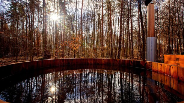 A circular wooden deck with a reflective water surface, surrounded by tall trees and a wooden structure with a cylindrical object on top. - Winiec Family Houses (Winiec)