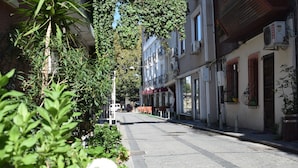 Une rue tranquille bordée d’immeubles, dont certains sont dotés de balcons et de plantes.