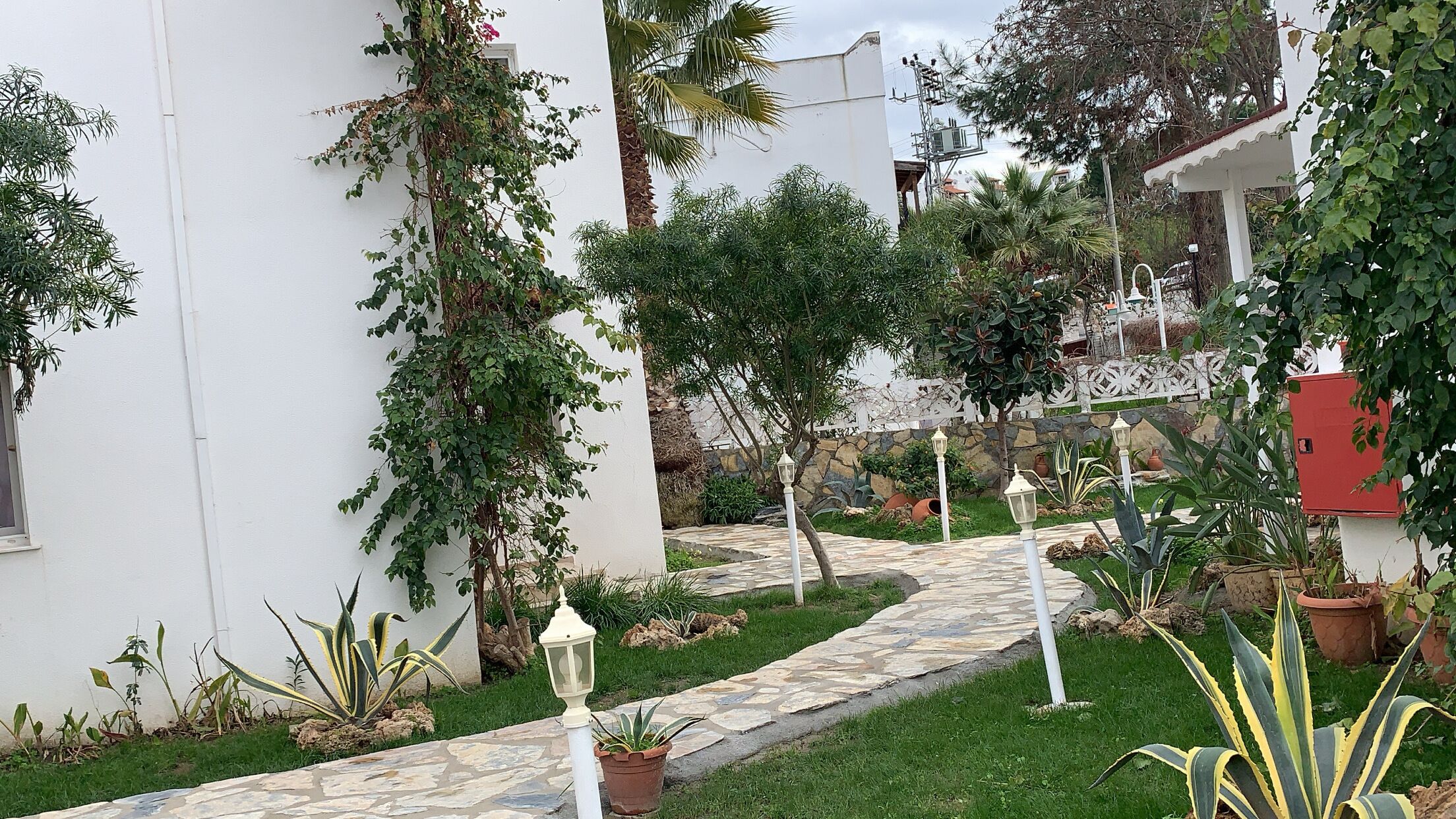 A garden pathway leading to a white building with a stone-tiled entrance.