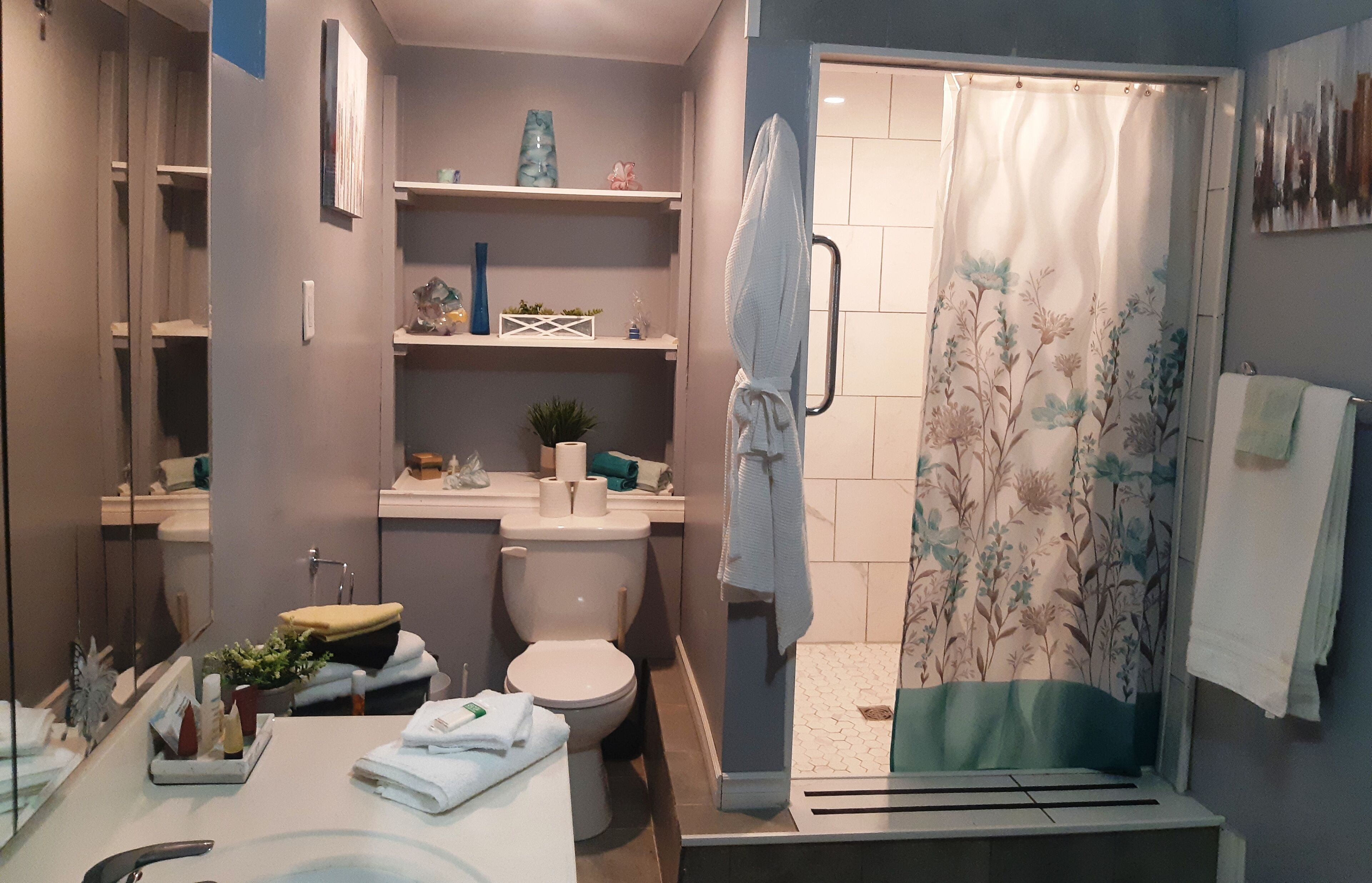 A modern bathroom with a toilet, sink, and shower area. There are shelves with toiletries and a towel rack.
