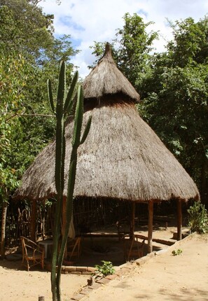 A thatched-roof hut with a simple wooden structure, surrounded by natural vegetation. - Ngerengere River Eco camp (Ubena Bwawani)