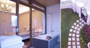 A modern bathroom with a bathtub, a shower, and a glass-enclosed shower area. - Sunny Forest Homestay (Hualien City)
