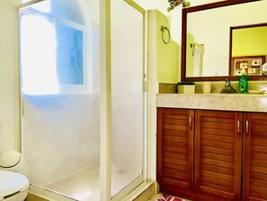 Douche, séchoir à cheveux, serviettes fournies