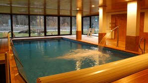 Een binnenzwembad met heldere ramen, een jacuzzi en uitzicht op een park.