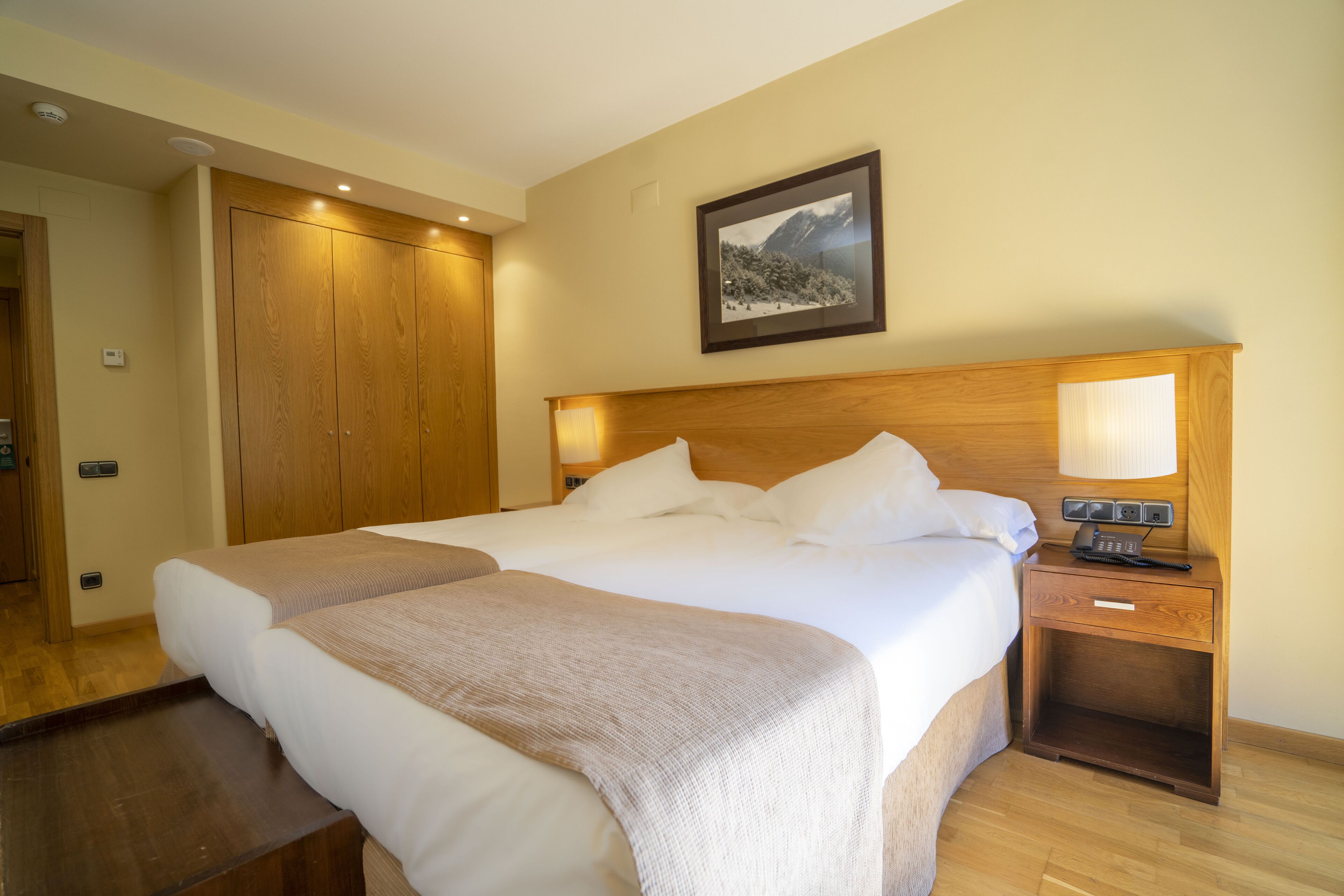 Une chambre d’hôtel avec un grand lit, une tête de lit en bois, une table de chevet avec une lampe et un tableau encadré au mur.
