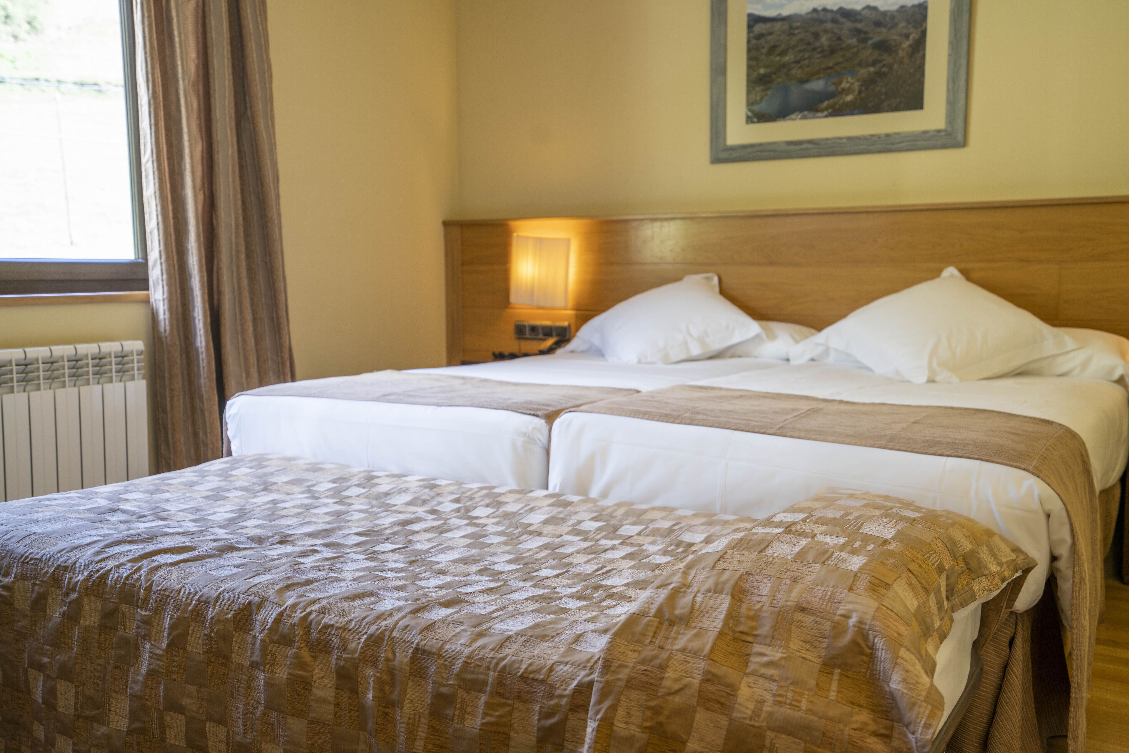 A double bed with a checkered bedspread, a bedside lamp, and a framed picture on the wall.