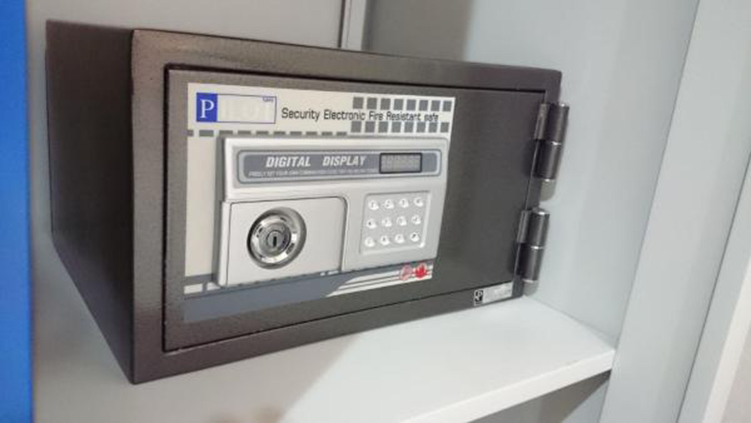 A security electronic fire-resistant safe with a digital display and keypad.