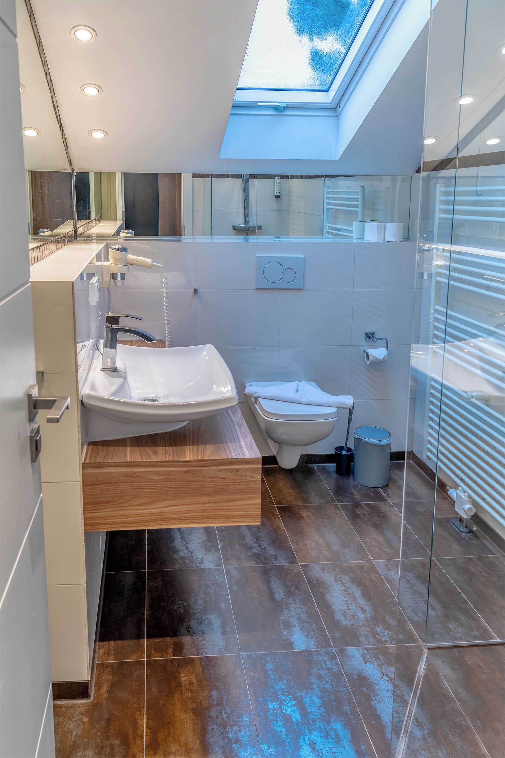 A modern bathroom with a skylight, a sink, a toilet, and a glass shower enclosure.