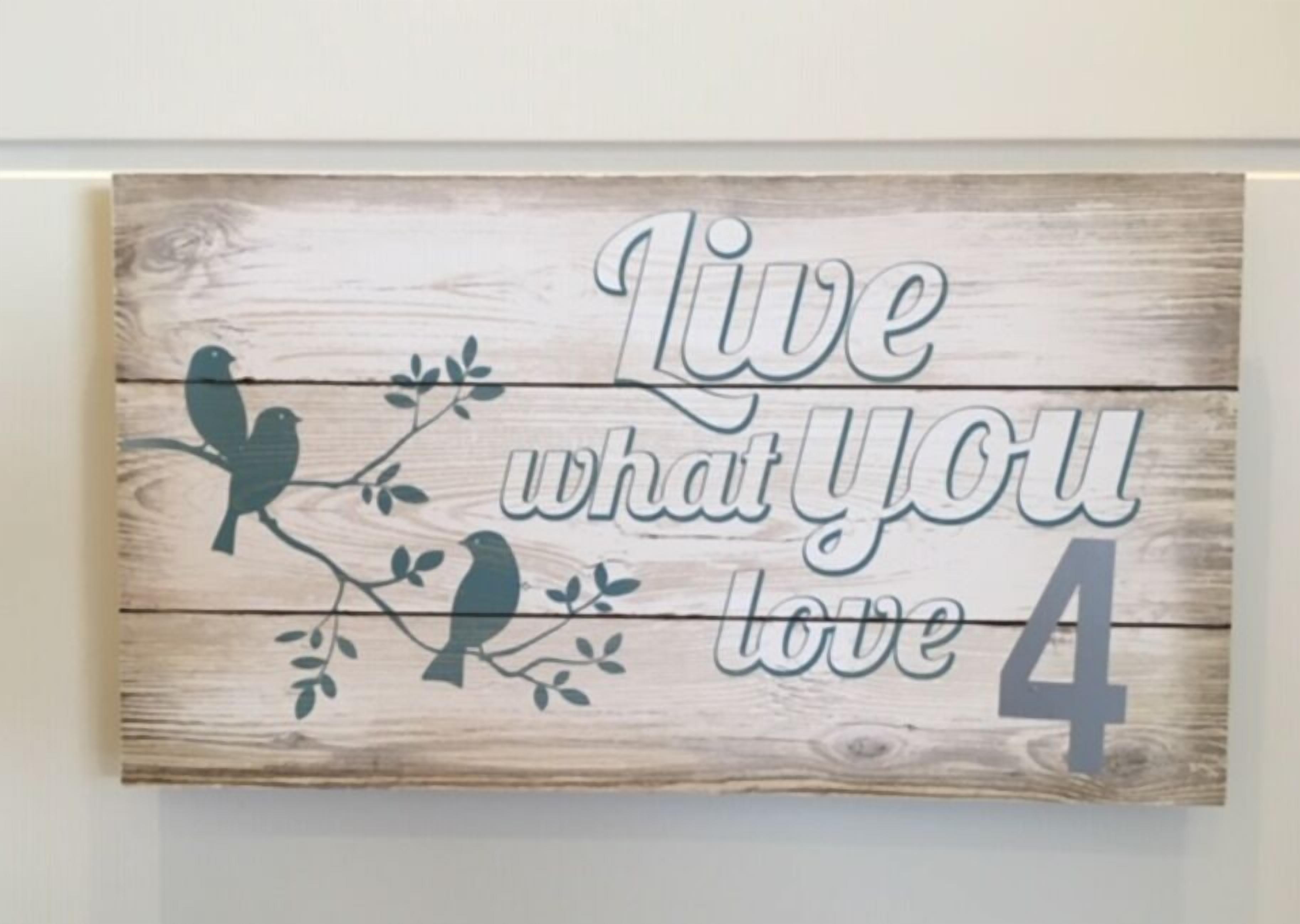 A wooden sign with birds and the text "Live what you love 4".