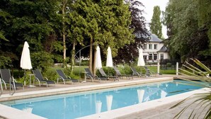 A swimming pool with lounge chairs and umbrellas, surrounded by trees and a building in the background. - Hotel Fleur de Lys (Zedelgem)