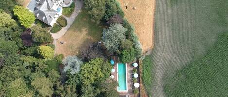 Vista aérea de una propiedad con piscina rodeada de árboles, una casa grande y un campo con animales pastando.