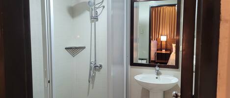 Un baño moderno con ducha envuelta en vidrio, un lavabo blanco y un espejo con marco de madera.