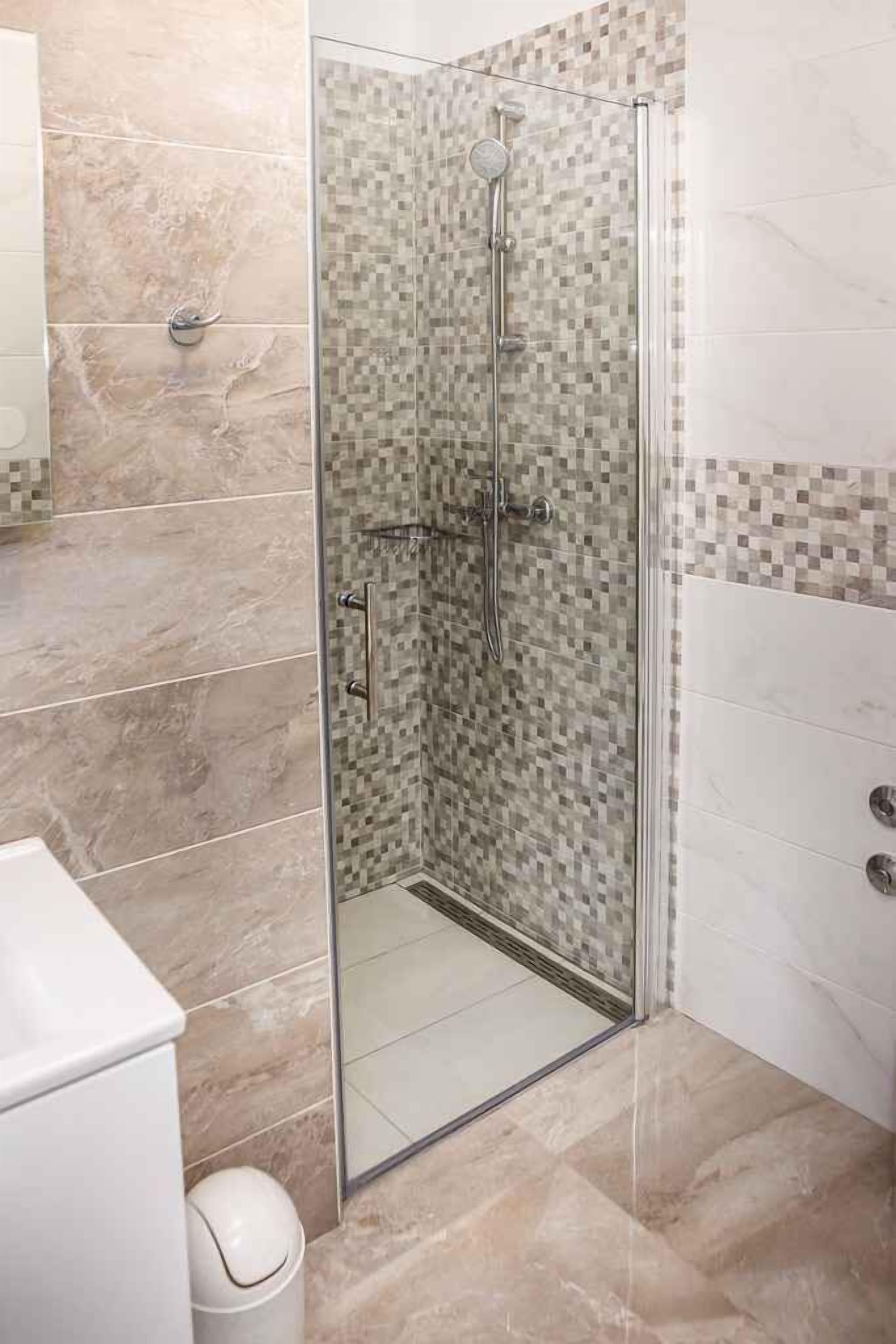A glass-enclosed shower with a tiled mosaic wall, a white toilet, and a trash bin.