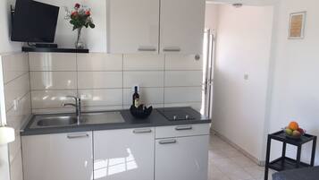 Classic Apartment | Private kitchenette | Fridge, stovetop, coffee/tea maker, cookware/dishes/utensils