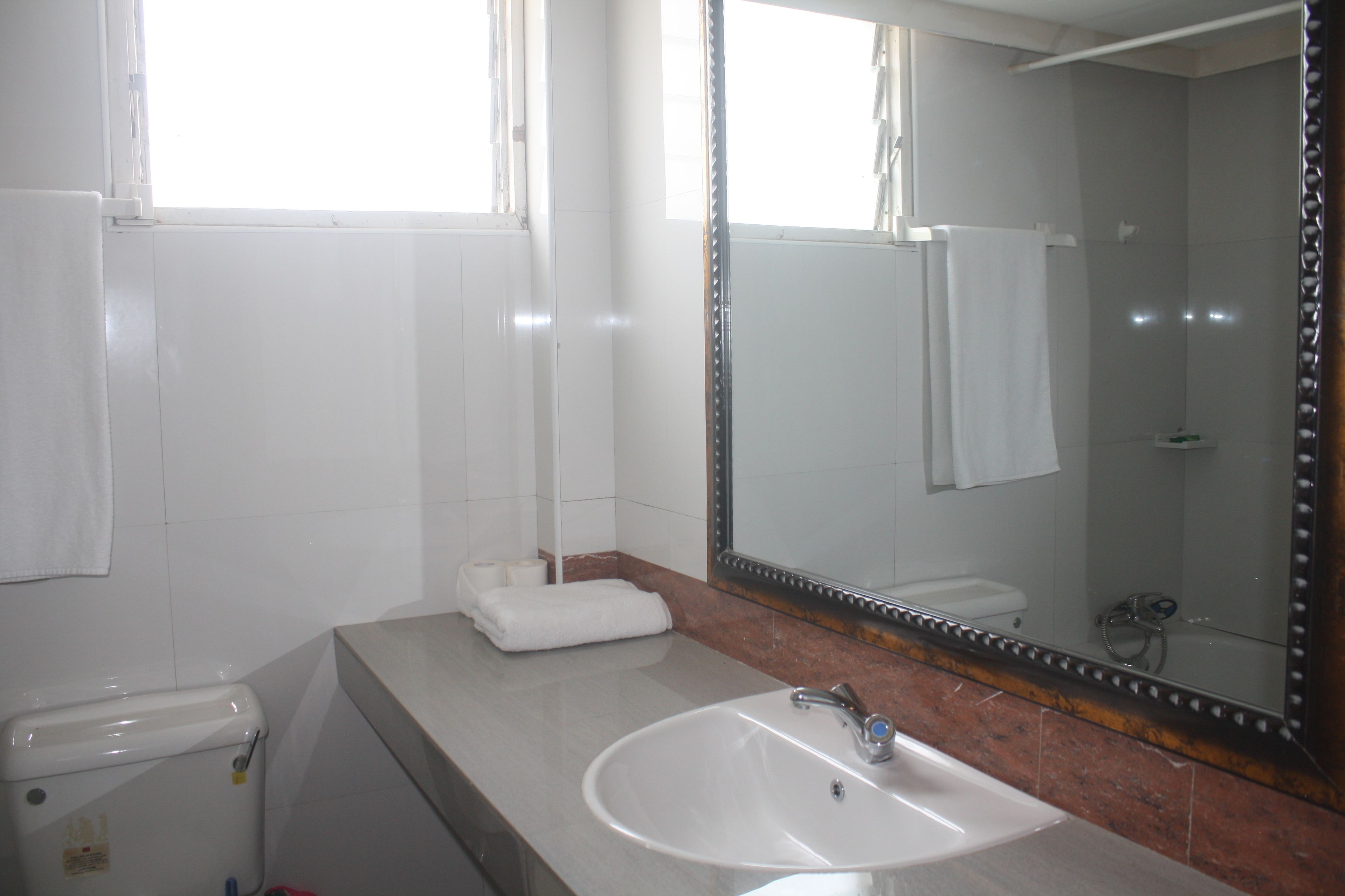 A bathroom with a white sink, a mirror with a decorative frame, and a toilet.