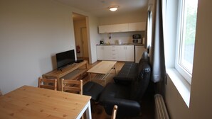 A compact living space with a kitchenette, a dining area, a sofa, and a TV. - Selfell Guesthouse - Apartment 2 (Kirkjubæjarklaustur)