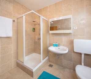 Un bagno con doccia vetro-muraria, un lavandino e un water.