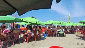 Une plage bondée, avec de nombreux parasols verts offrant de l’ombre.