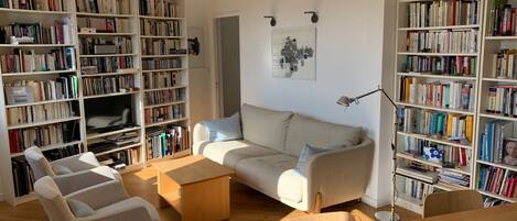 TV, DVD player, books, music library