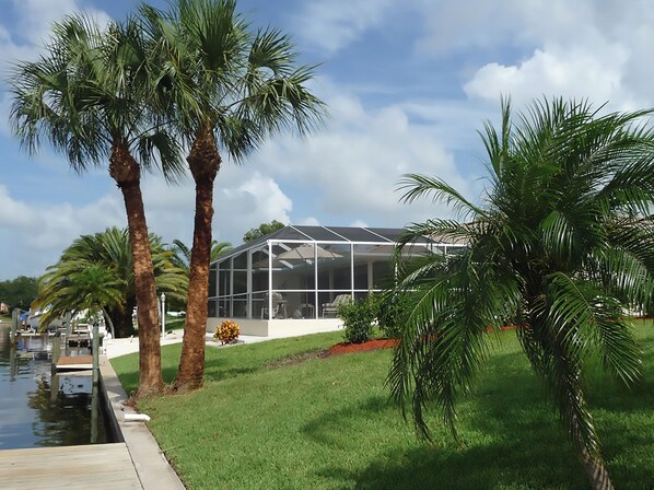 Une maison moderne dotée d’une serre en verre, entourée de palmiers et agrémentée d’une piscine.