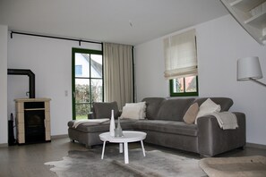 Een smart-tv, een open haard, een dvd-speler en boeken