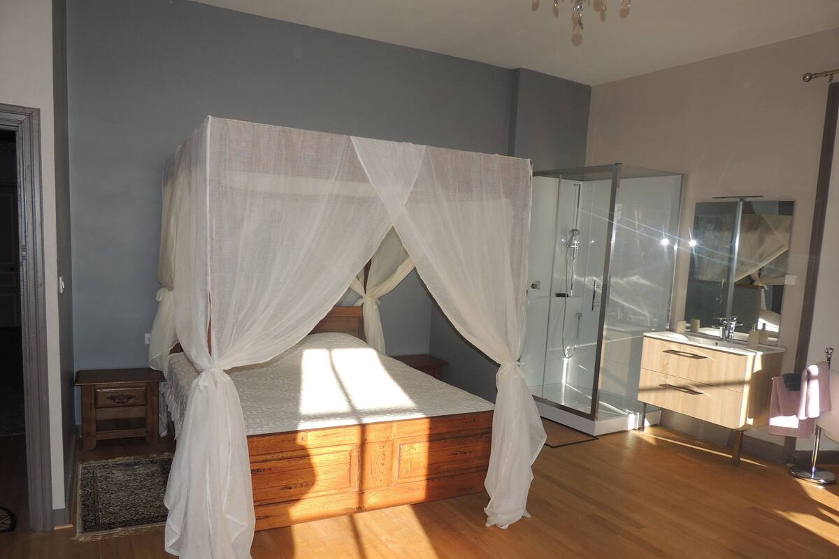 A bedroom with a wooden bed, a glass shower, a vanity, and a mirror.