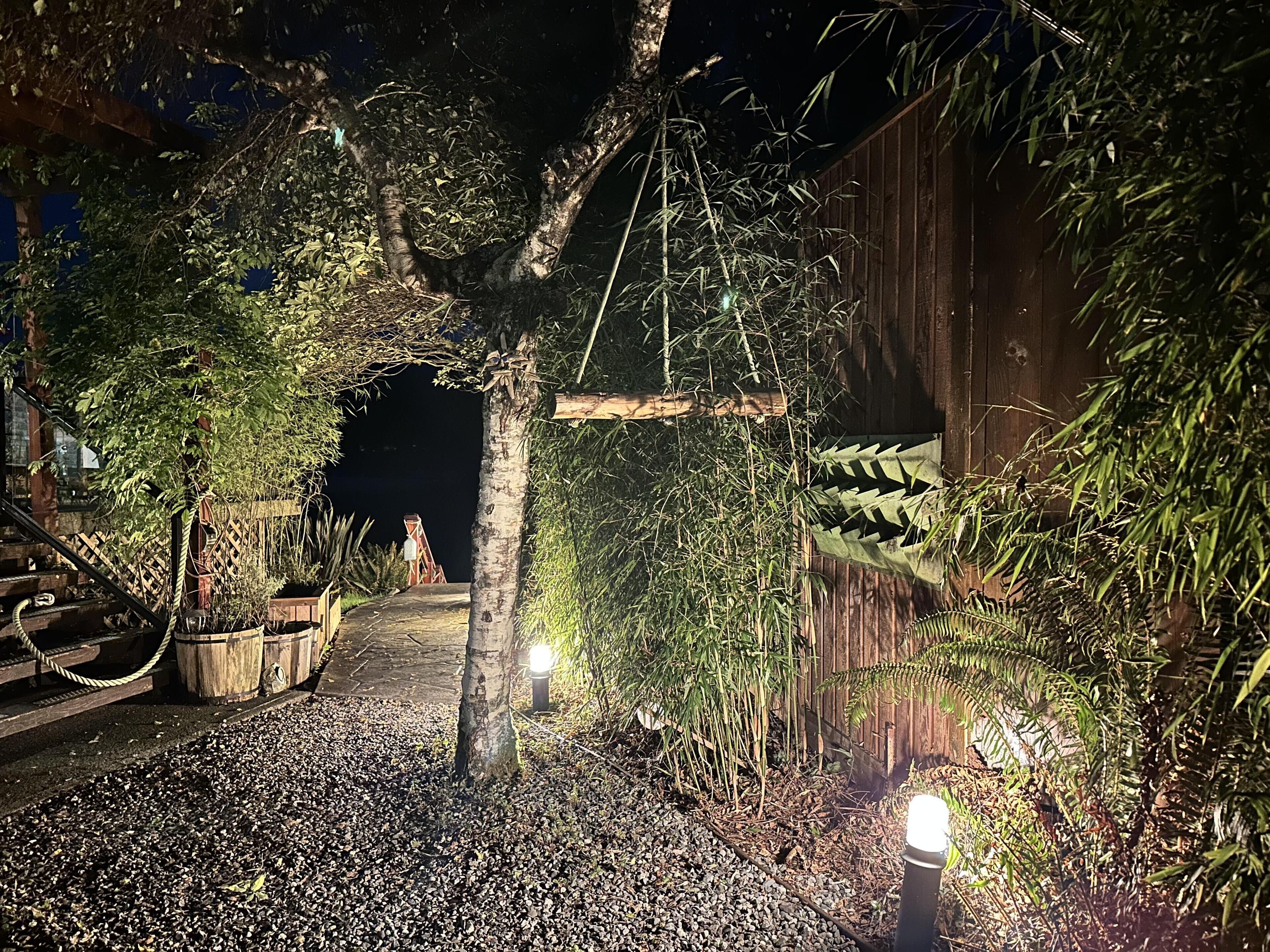 Een verlicht pad door een tuin met houten omheining, bamboe en een houten bankje.