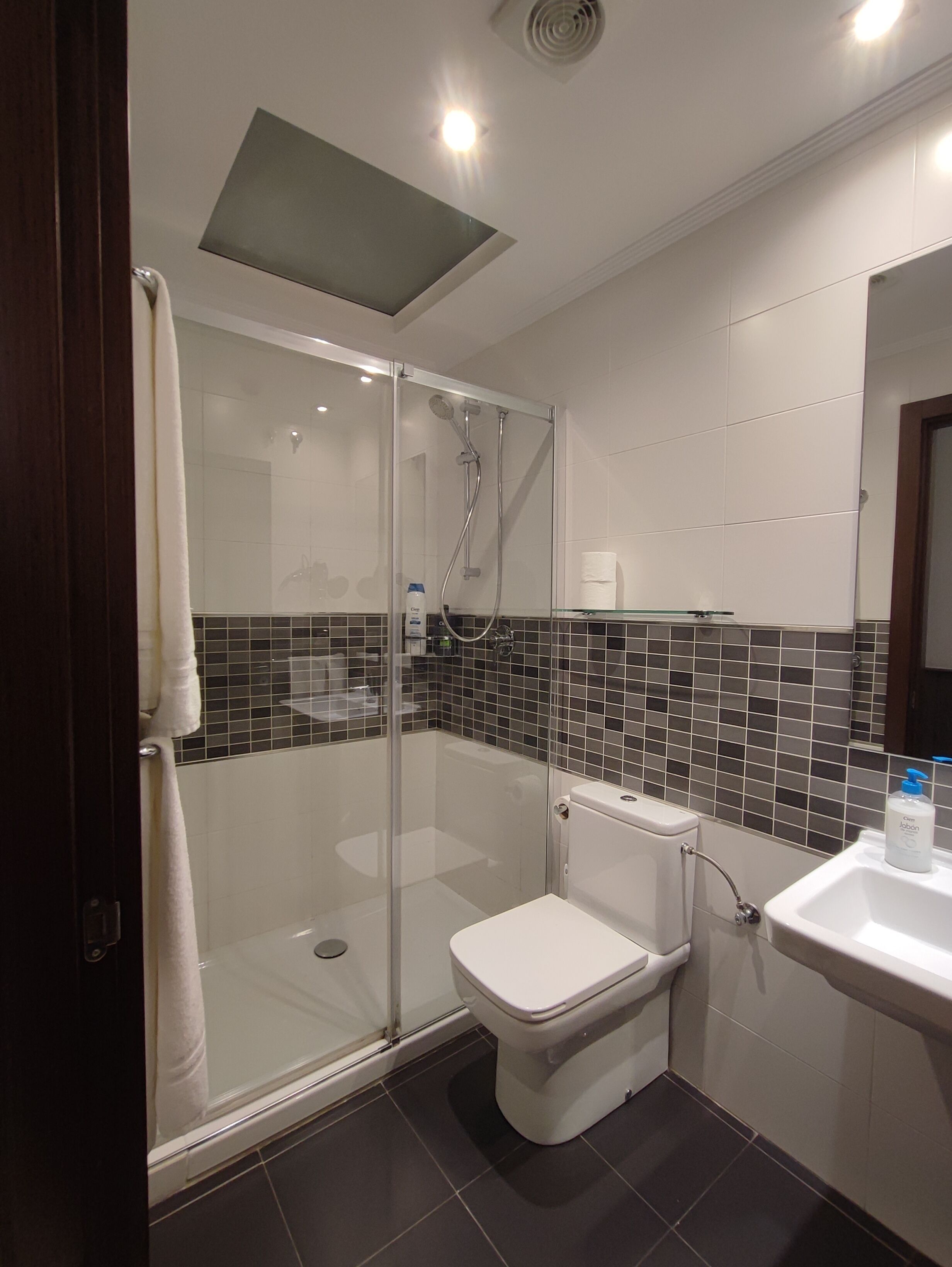 Un baño moderno con ducha envuelta en vidrio, inodoro blanco y lavamanos con espejo.