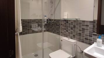 Un baño moderno con ducha envuelta en vidrio, inodoro blanco y lavamanos con espejo.