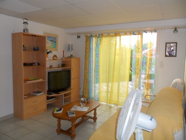 Ein Wohnzimmer mit Fernseher, Holzregalen, einer Couch und einem Ventilator.