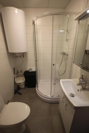 Shower, hair dryer, towels, toilet paper