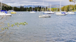 Un lago tranquilo con varios veleros amarrados.
