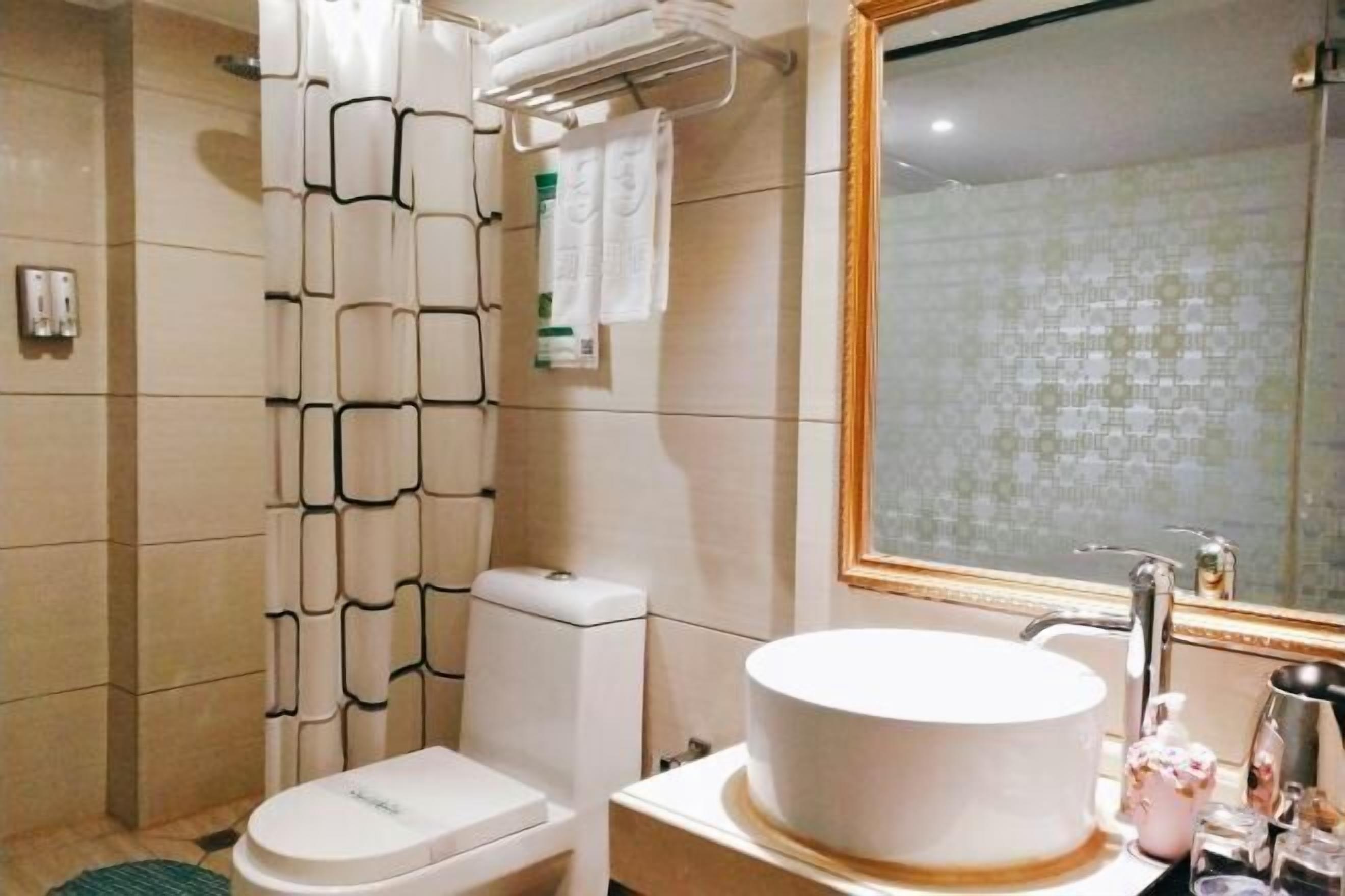 Een badkamer met een toilet, wastafel, douchegordijn en spiegel.