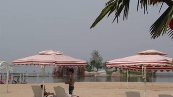 Una playa con sillas de descanso y sombrillas, un cuerpo de agua y una palmera.