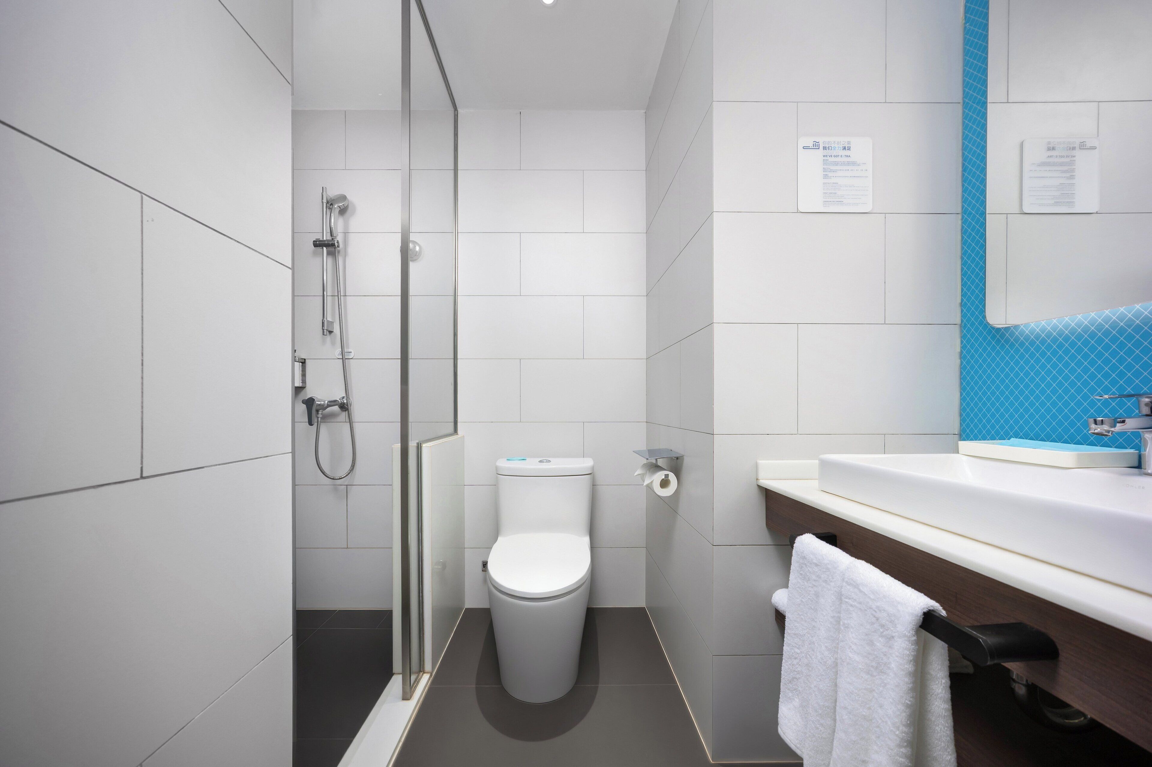 A modern bathroom with a glass shower enclosure, a white toilet, and a sink with a towel hanging on the wall.