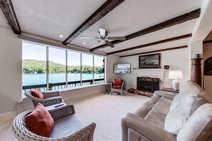 TV, fireplace - Knot Done | Luxurious Lakefront Lodge (Clarkesville)