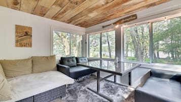 Smart TV, fireplace, books