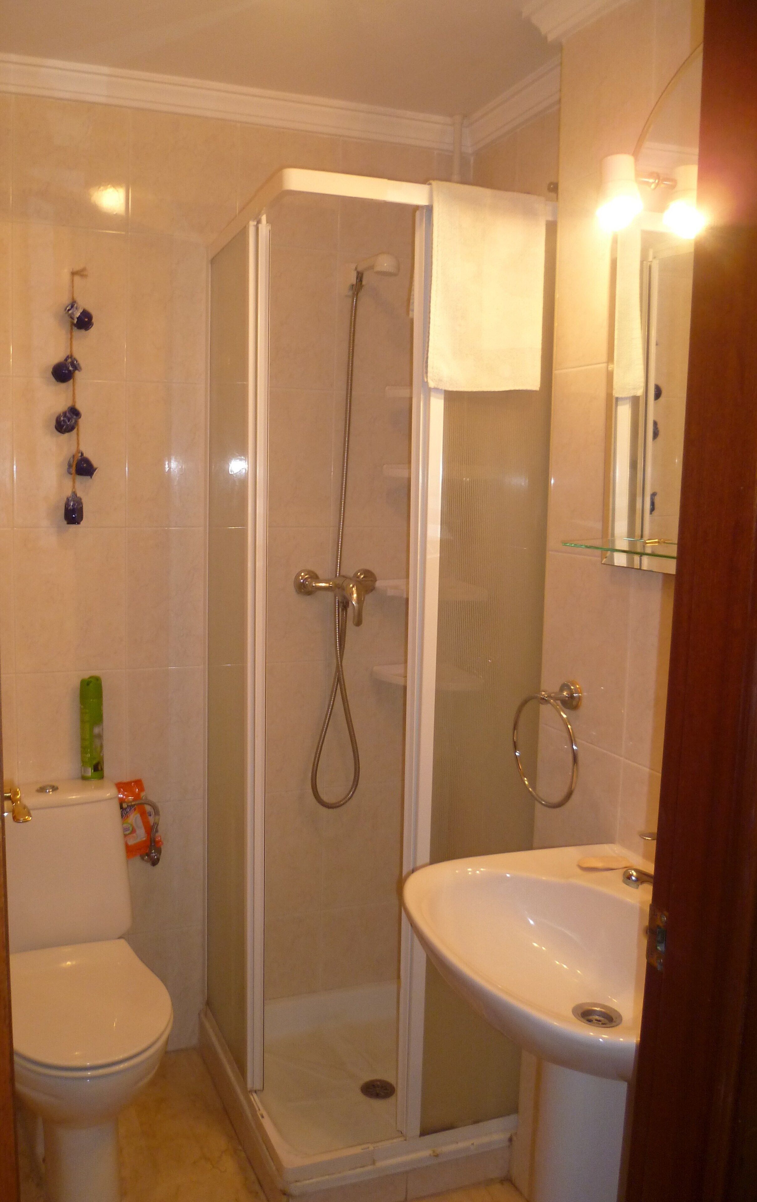 Ein Badezimmer mit Duschkabine, Toilette und Waschbecken.