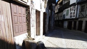 A narrow street with stone pavement, a wooden door, and a building with a tiled facade.