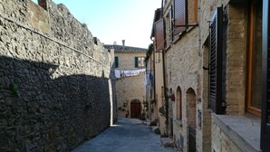 Ein schmaler, mit Kopfsteinpflaster ausgelegter Gang, gesäumt von historischen Gebäuden mit Rundbogenöffnungen und hölzernen Fensterläden.