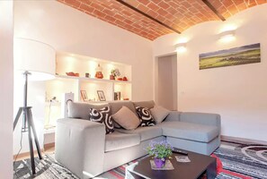 TV, fireplace, books, video library