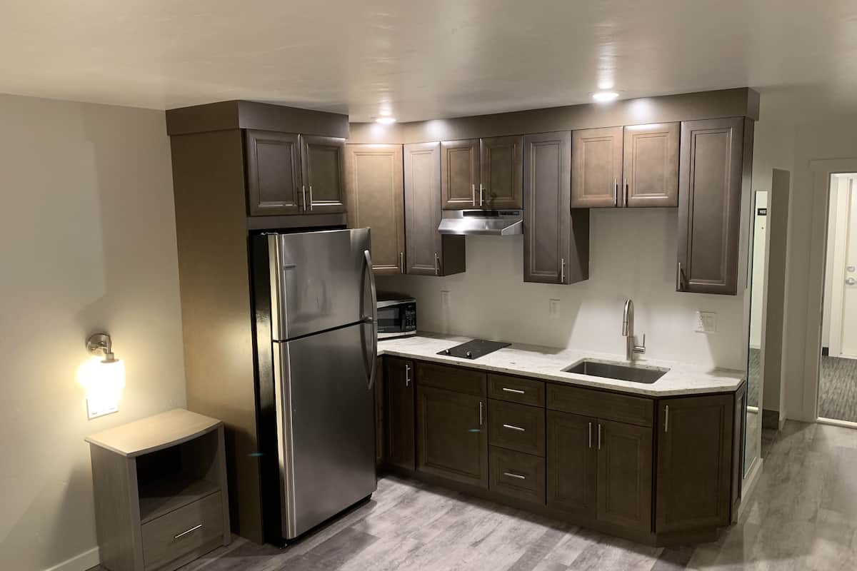 premium suite, 1 king bed, kitchenette (not pet friendly) | 1 bedroom, desk, laptop workspace, cots/infant beds