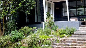 A house with a porch, stone steps, and a garden with various plants and flowers. - Morton Brae Luxury Cottage Sassafras (Sassafras)